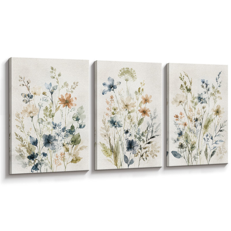 Douce fleur sauvage, art de chambre à coucher, impression sur toile encadrée, 3 pièces, 24" H x 48" W x 1.5" D