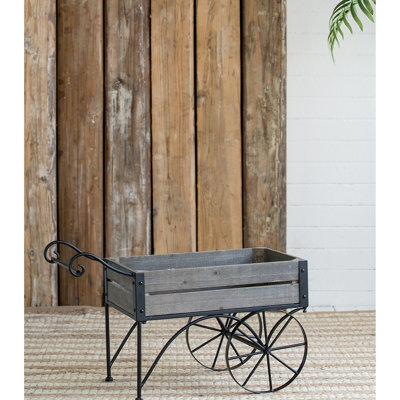Support à plante de style chariot de chariot pour petites plantes en pot, 24,4 po x 12,6 po x 15,4 po, 9,9 lb, tons neutres rustiques avec roues et bois de pin rectangulaire, lb