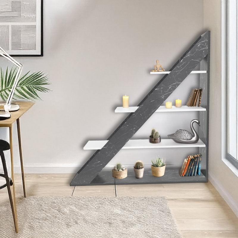 4 Tiers Marble Style Ladder Bookcase, Gray Marble/White