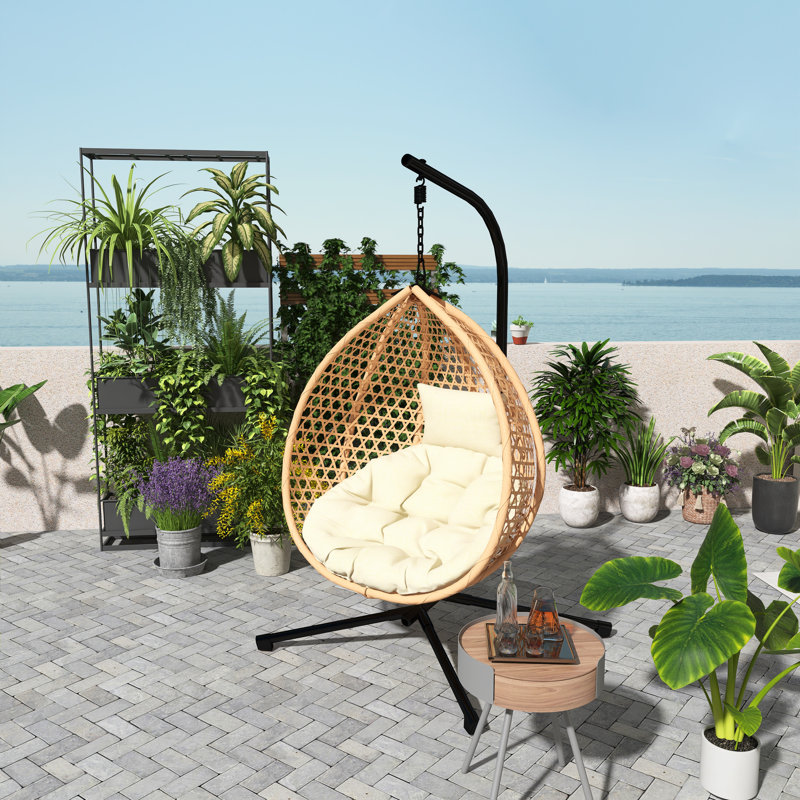 Chaise de hamac durable en rotin avec support, balancelle intérieure et extérieure confortable avec coussin amovible pour balcon, chambre à coucher et jardin, beige