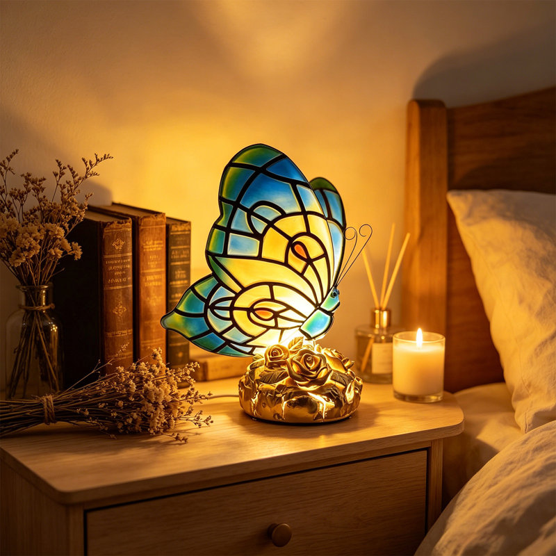 Lampe de table papillons en verre teinté avec base en résine et veilleuse de chevet rétro
