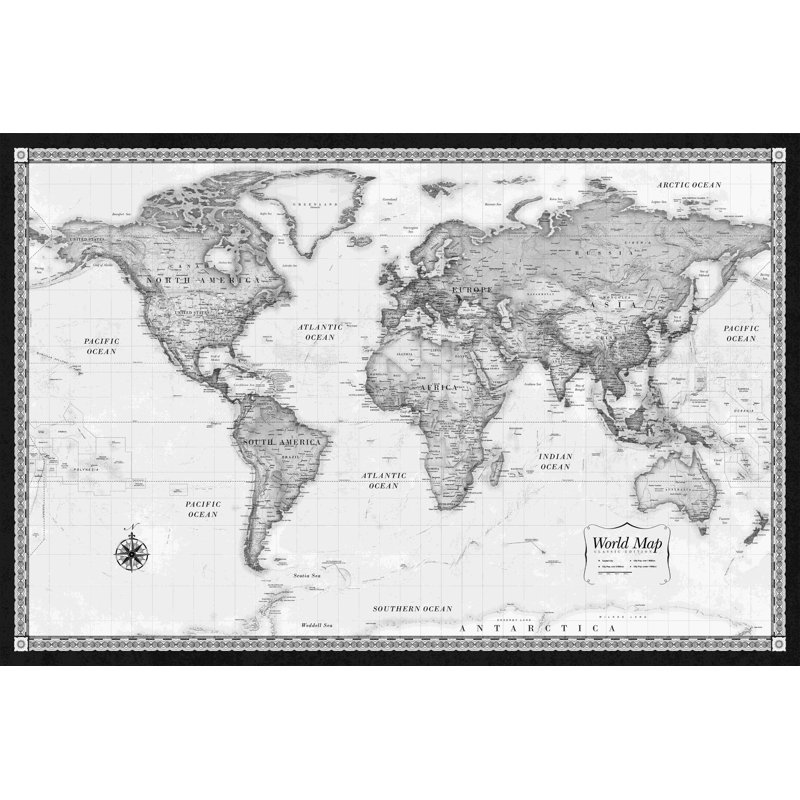 " Classic Black And White World Map ", 32" H x 48" W