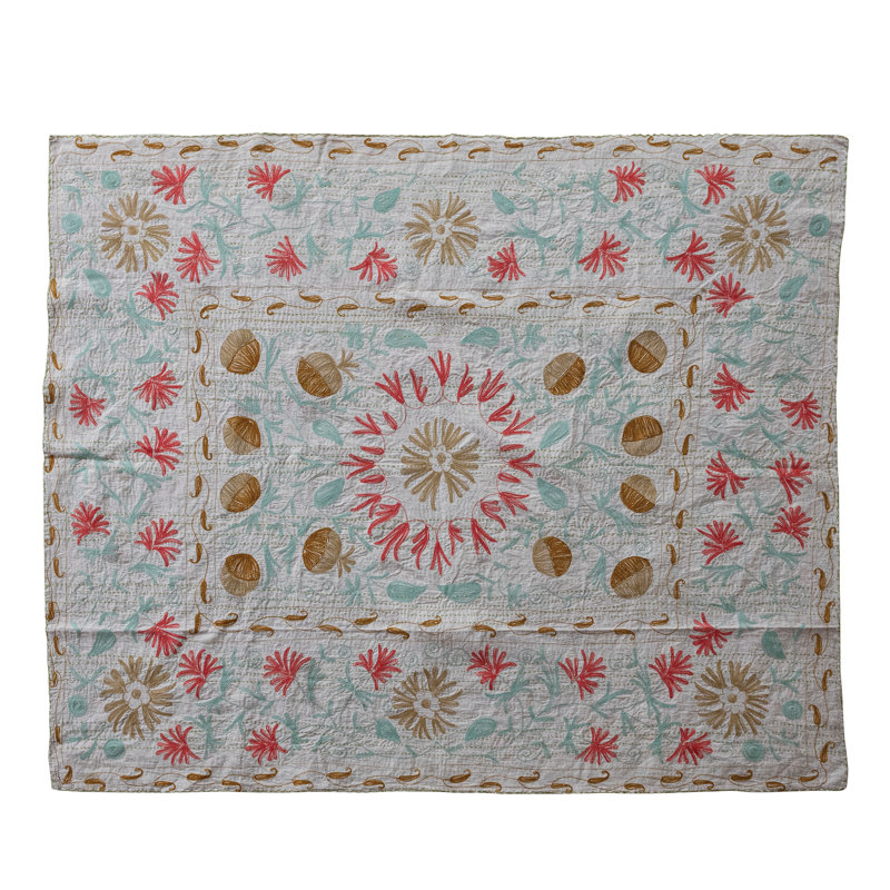 Stonewashed Cotton Voile Printed Throw With Suzani Pattern And Hand-Embroidered Kantha Stitch