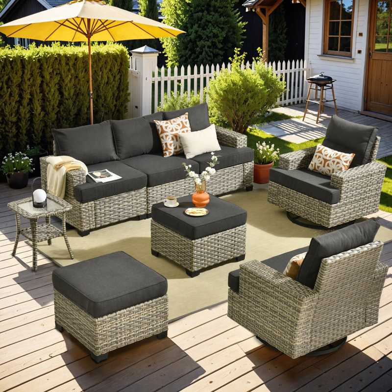 Tommy 7 Person Wicker/rattan Sofa Seating Group With Cushions, Black, No