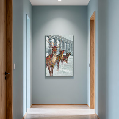 Animals Reindeer Pulling Sleigh In Snowy Scene