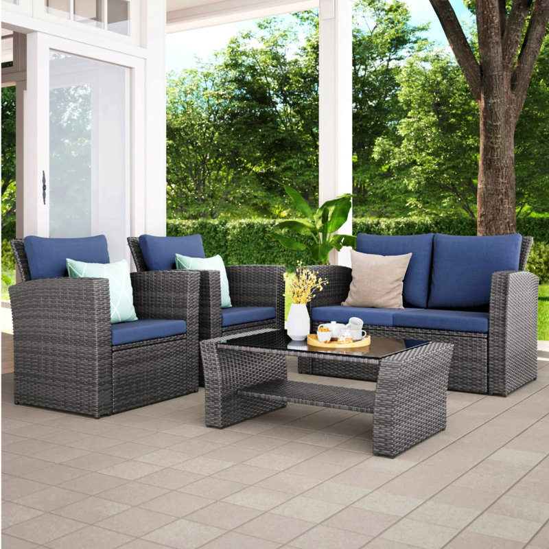 4-Piece Wicker Patio Conversation Set With Glass Table And Cushions, Blue, Gray