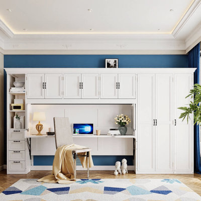 Lit escamotable simple avec garde-robe, armoire et bureau en gris compact - lit mural multifonctionnel pour petits espaces