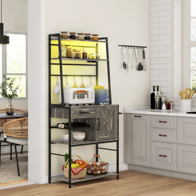 Étagère de boulanger avec prise de courant et lumières DEL, bar à café avec tablettes de rangement, support à micro-ondes industriel avec porte-bouteilles de vin, tiroir, armoire de porte de grange