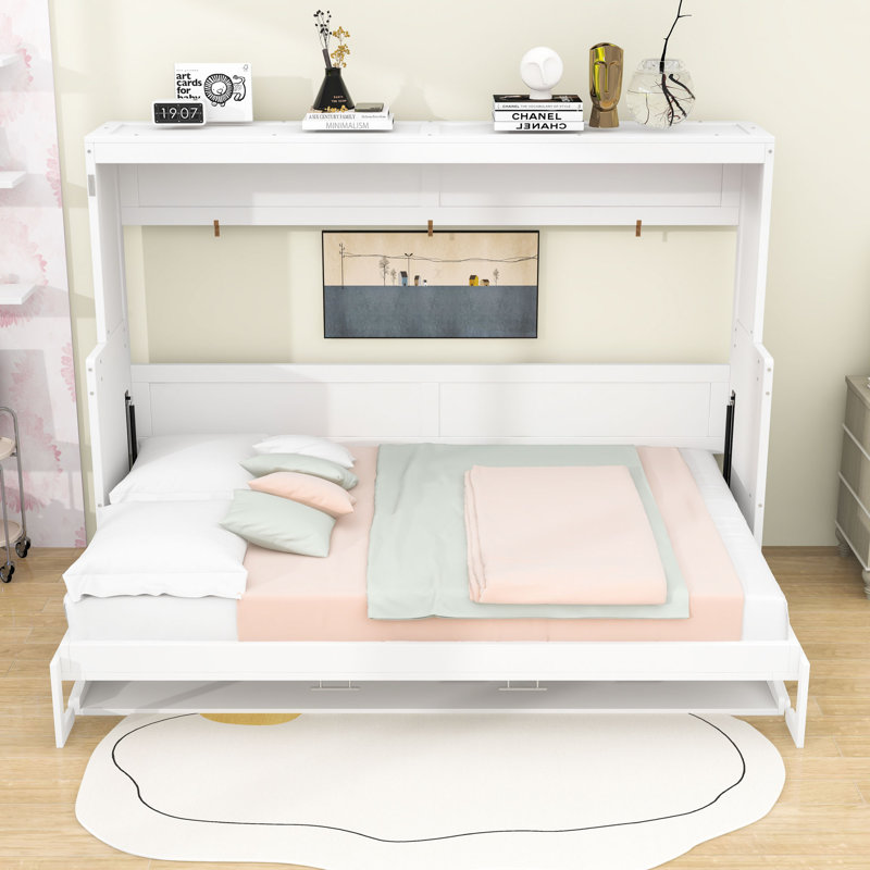 Lit escamotable mural avec tablettes, Double, Blanc