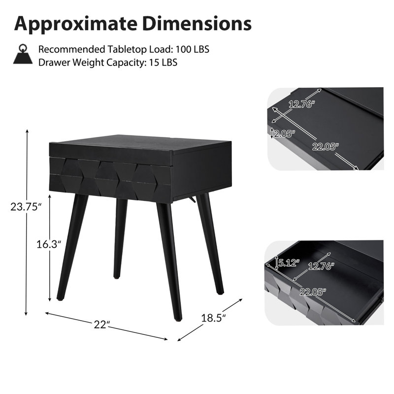 Table de bout en bois manufacturé H 23,75 po avec station de charge Isabele, Noir