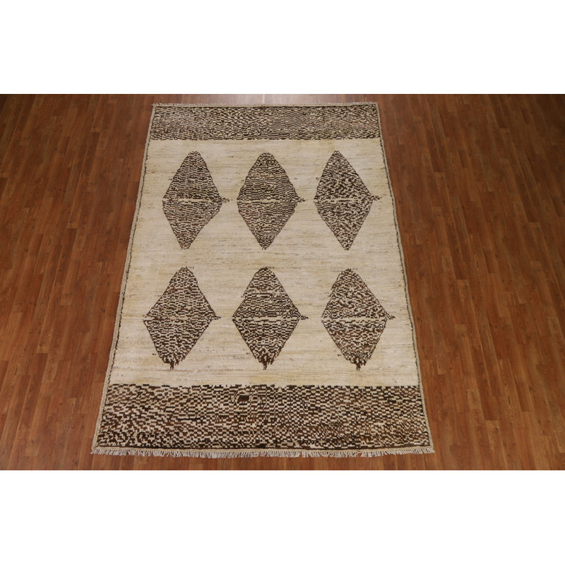 Tapis ivoire en laine noué à la main de conception unique 6 pi 8 po x 9 pi 7 po New Age