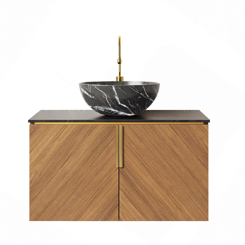 Meuble-lavabo de salle de bain 30 po avec lavabo, armoire de rangement murale moderne en contreplaqué avec portes doubles, comptoir en pierre frittée noire et cuve en céramique noire, couleur grain de bois espresso