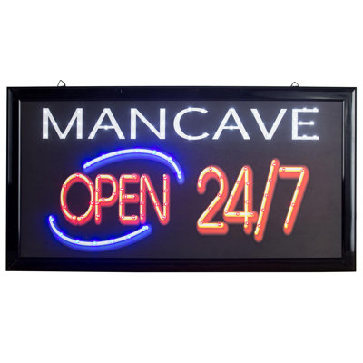 Trinx Man Cave Open 24/7 Framed LED Sign - 10" x 19" x 0.75"