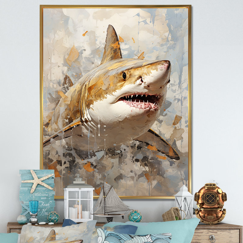 " Minimalism Shark Painting In Golden Beige I ", 32" H x 16" W x 1" D, Gold Floater Framed