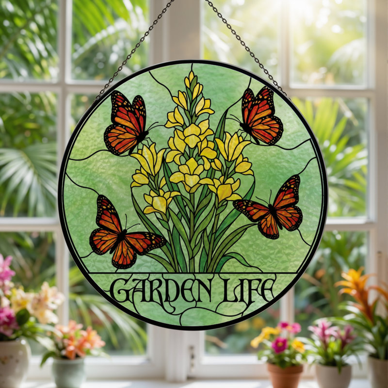 12"H Butterfly Flowers Stained Glass Window Panel