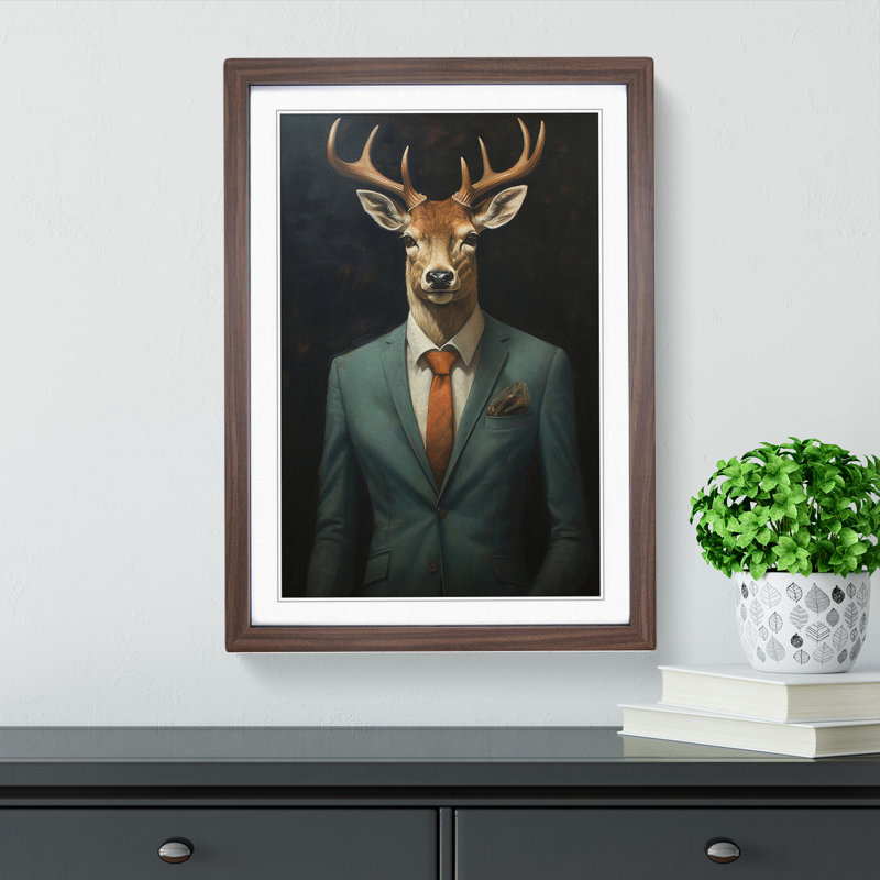 Deer In A Suit No.2 - Single Picture Frame Print on Wood, Walnut, 34cm H x 25cm W x 2cm D