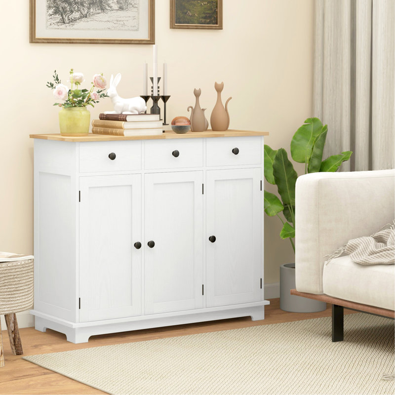 Buffet de comptoir en bois massif - armoire de rangement moderne avec 3 tiroirs, portes, tablette réglable blanche pour salle d'exposition