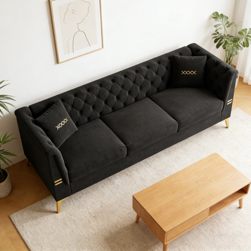Canapé moderne de style Chesterfield 3 places pour le salon, Noir