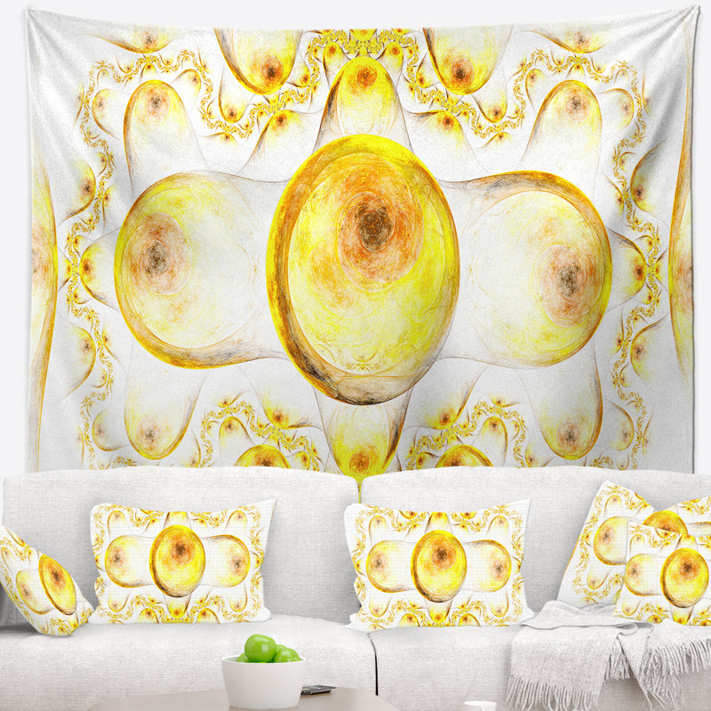 Motif tapisserie abstrait jaune sur fond blanc, H 50 po x l 60 po