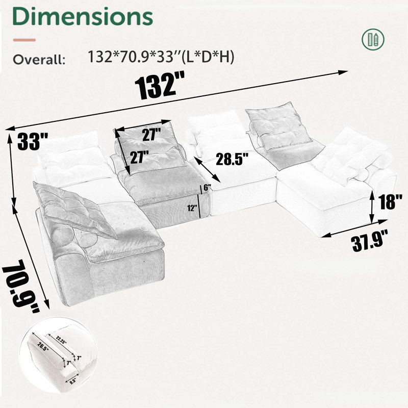 Canapé modulaire sans accoudoirs avec accoudoirs lombaires en velours côtelé 6 pièces, Beige rembourré