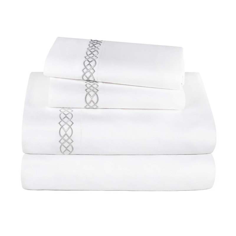 Infinity Scroll Embroidered Certified Egyptian Cotton 1000 Thread Count Bed Sheet Set, White/Platinum