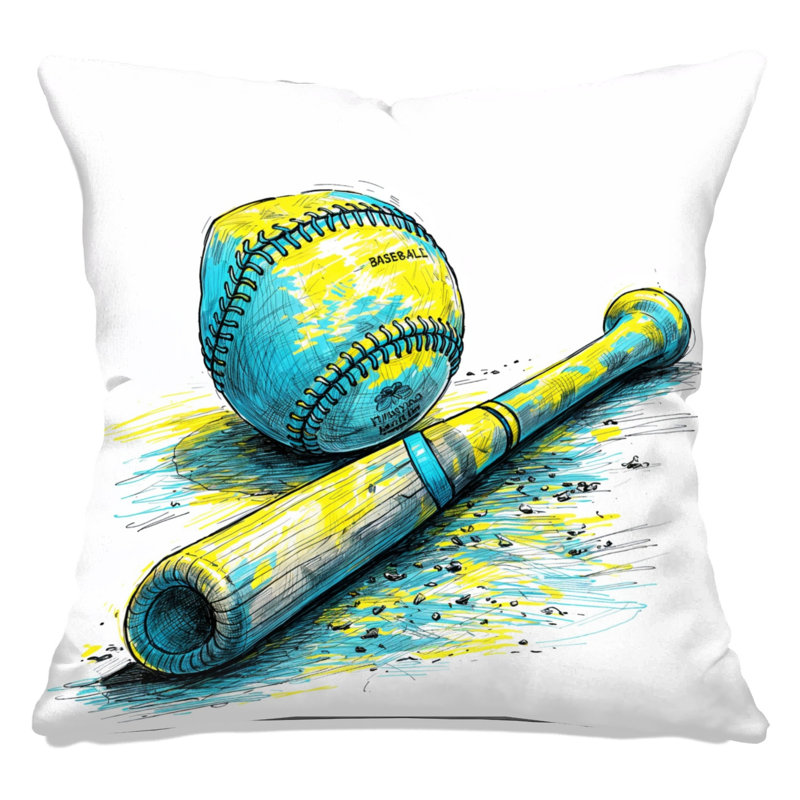 Coussins Baseball Bat And Ball, 14 X 14 pouces, Jaune vif et bleu ciel