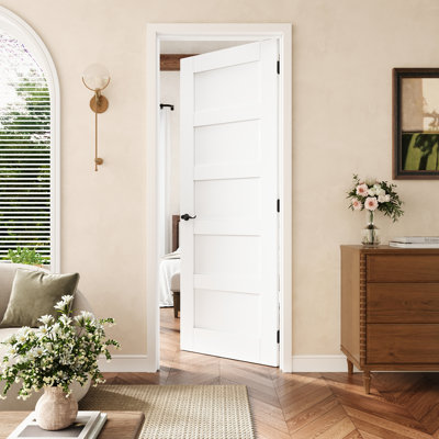 Porte pré-suspendue intérieure à 5 panneaux de 28 po x 80 po avec charnières noires, plaque de porte à cadre solide avec cadre, porte intérieure comme porte de garde-manger, porte de chambre à coucher, porte de buanderie, portes de placard, portes de pièce, droite