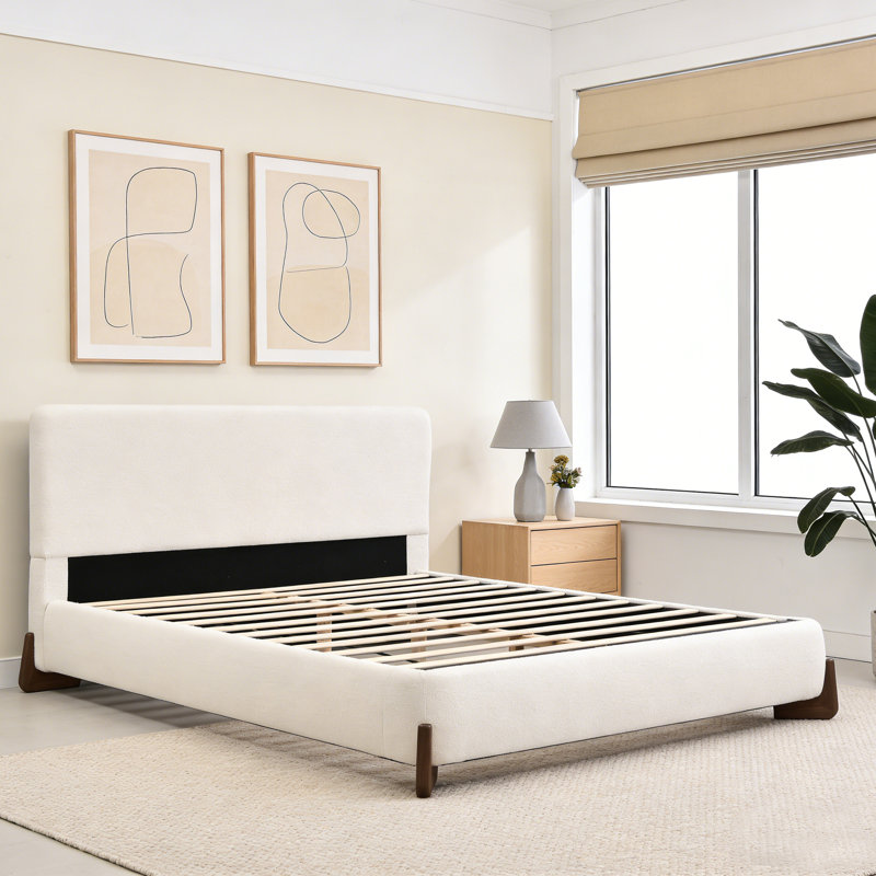 Grand lit tapissier avec pieds en bois massif, Grand lit