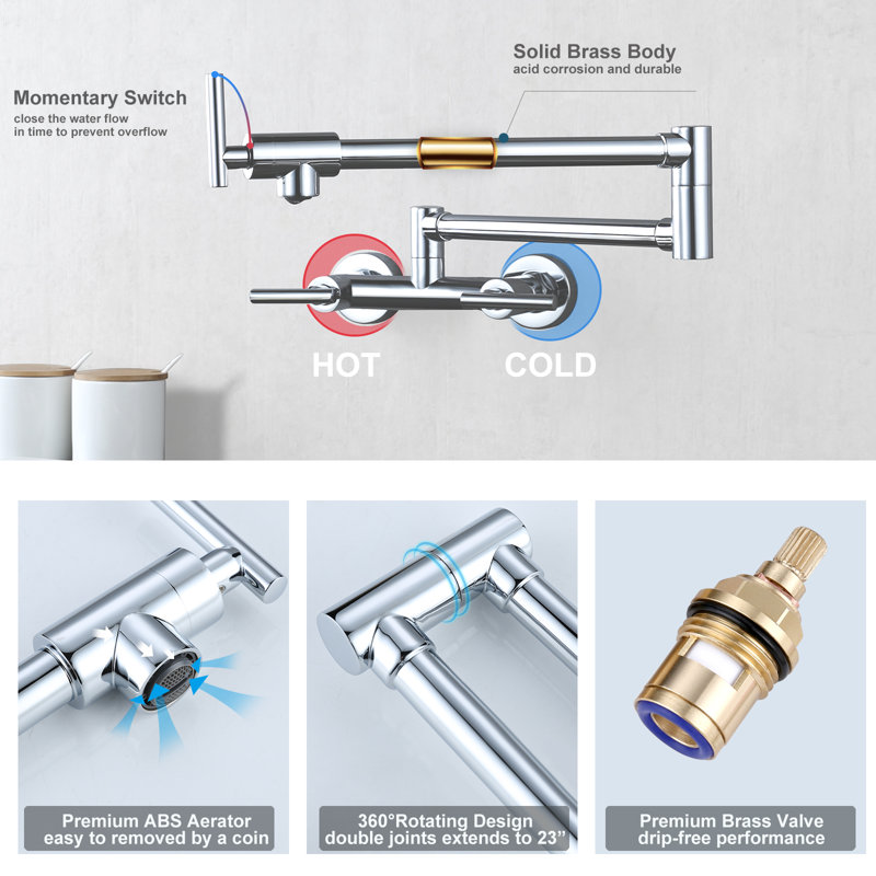 Polished Chrome Wall-Mount 3-Handle Pot Filler Faucet