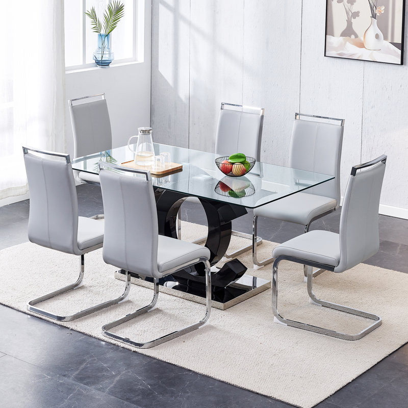 Crystalynn 55 L x 35.4 W Glass Tabletop Dining Table Set, Light Grey