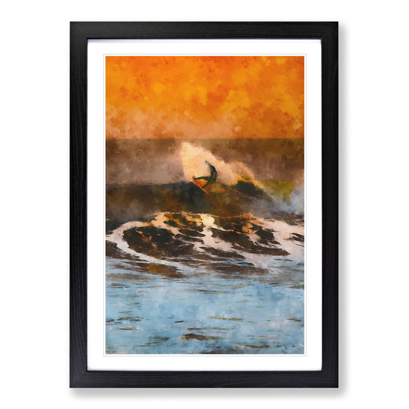 Surfing as the Sun Sets - Picture Frame Painting Print, 33cm H x 24cm W x 2cm D, Black Framed