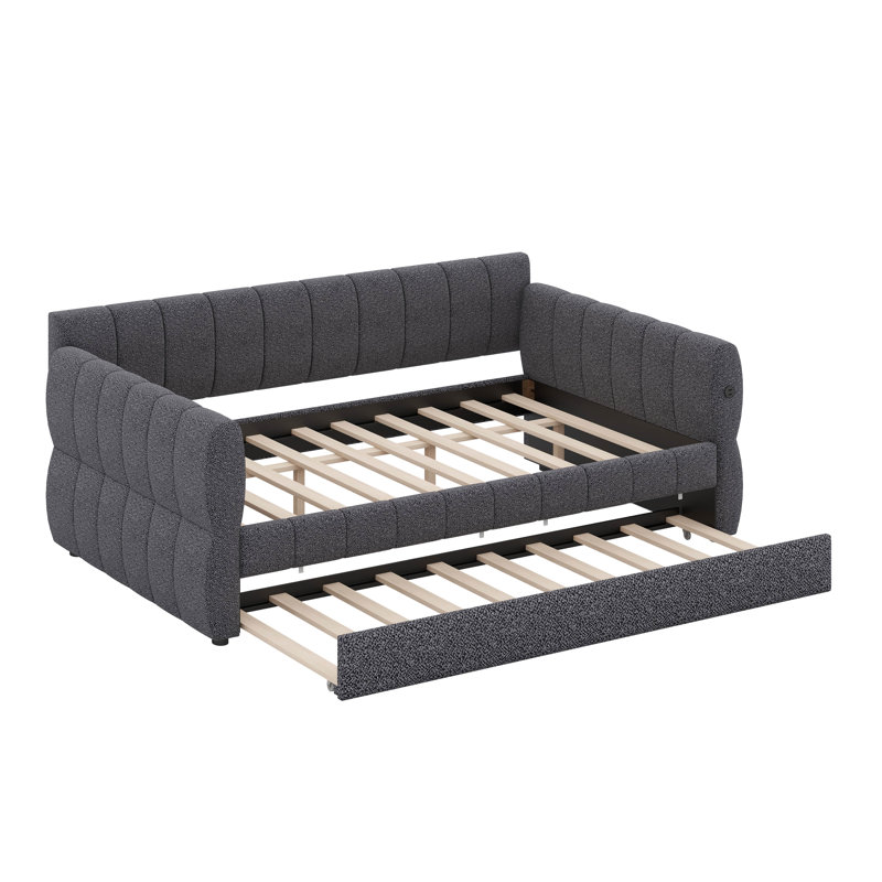 Grand lit plateforme tapissier avec port USB et gigogne, gris