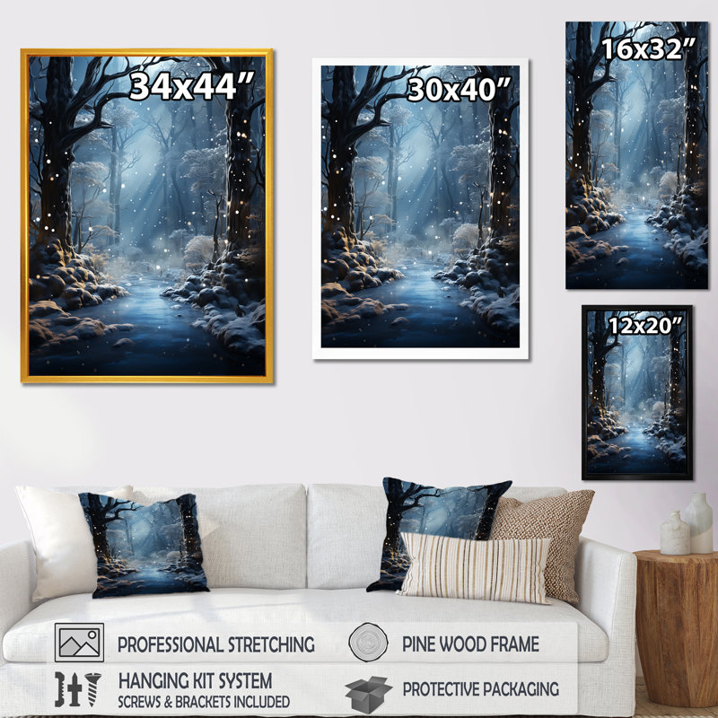 «White Path To The Winter II», art mural forêt, H 44 po x l 34 po x P 1,5 po, Cadre flottant doré