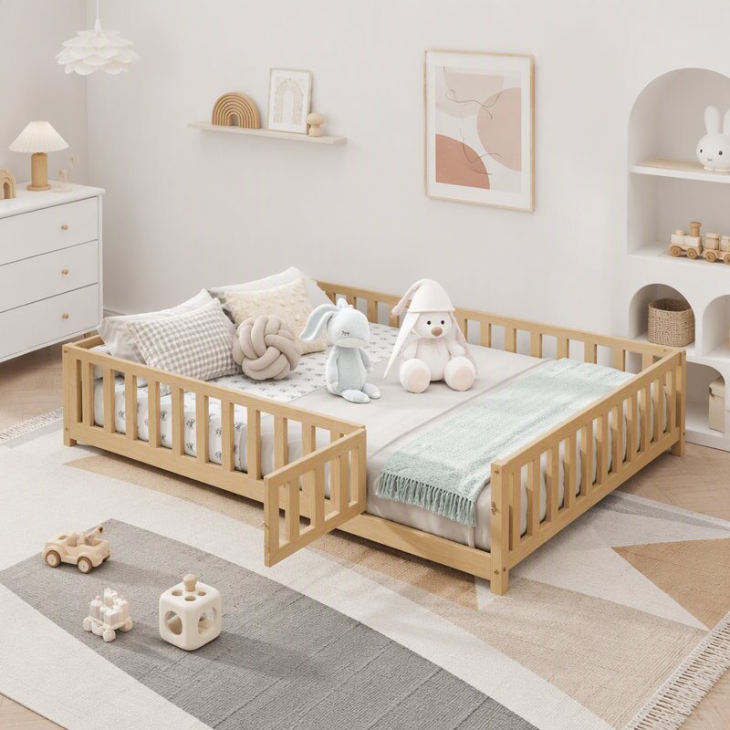 Lit de sol Montessori avec barrière et porte pour enfants, Natural