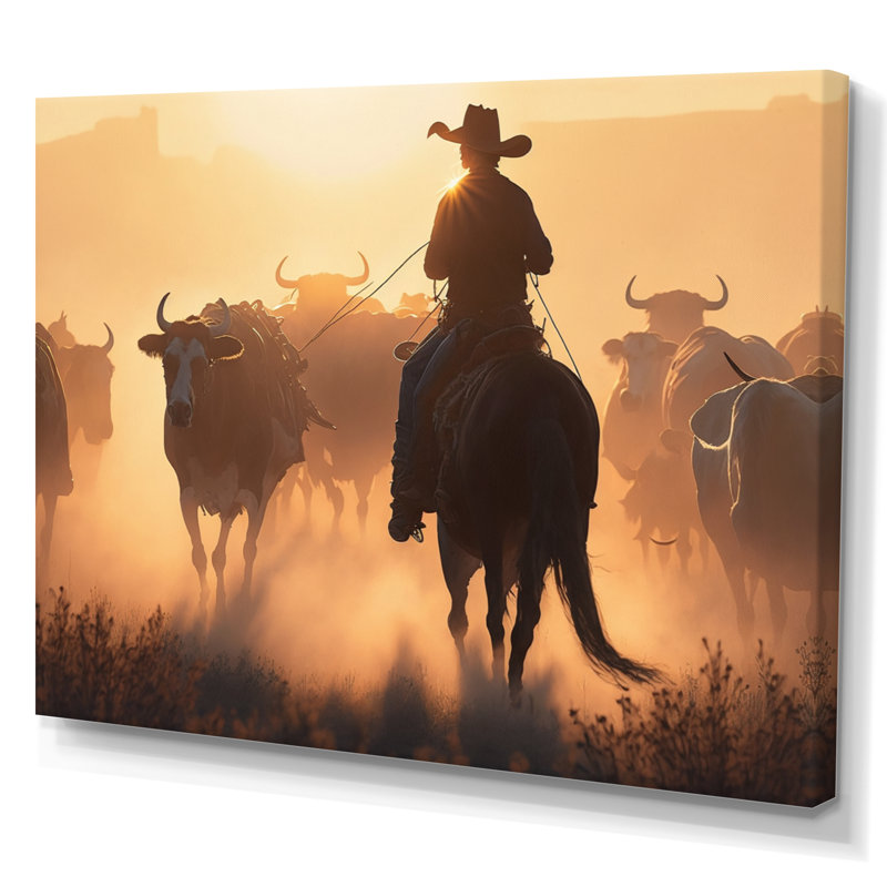 Kirts " Wrangler In Sunset I ", 24" H x 32" W x 1" D, Wrapped Canvas
