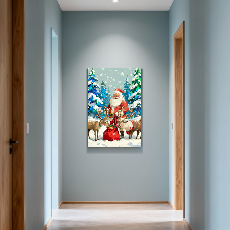 Noël père Noël avec renne dans la forêt enneigée, H 36 po x l 24 po