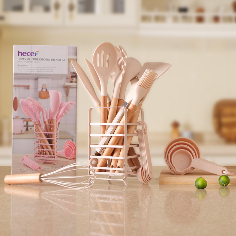 Ensemble d'ustensiles de cuisine en silicone 32 pièces avec support en acier inoxydable Hecef, de qualité alimentaire, sans BPA, résistant à la chaleur et anti-rayures