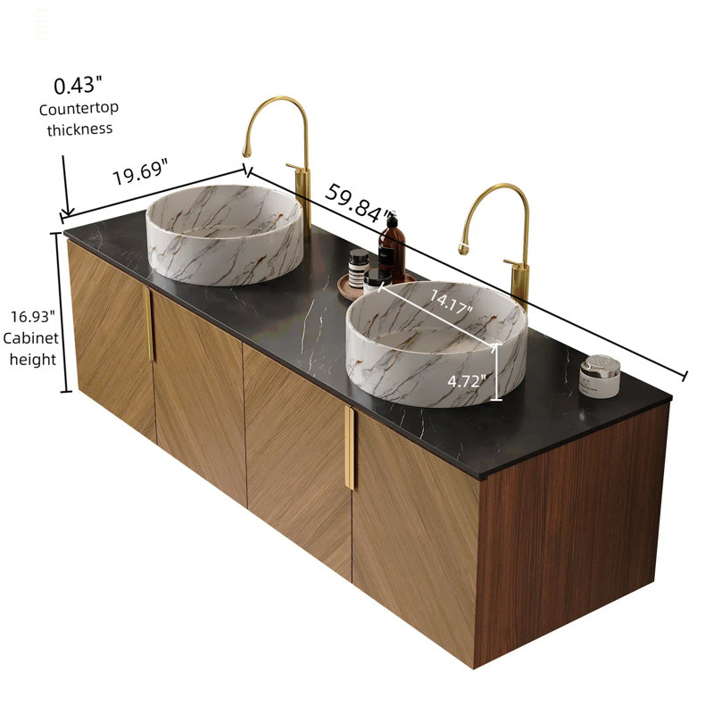 Ensemble de meuble-lavabo 60 po, 4 portes, 2 lavabos ronds en céramique avec motif en pierre et comptoir en pierre frittée 60 po