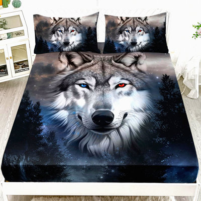 Wilderness Dream Queen Sheet Set - Wolf Head Pattern Bedding with Safari Animals Theme - 3 Piece Set with Fitted Sheet and Pillowcases - Fog Tree Starry Design