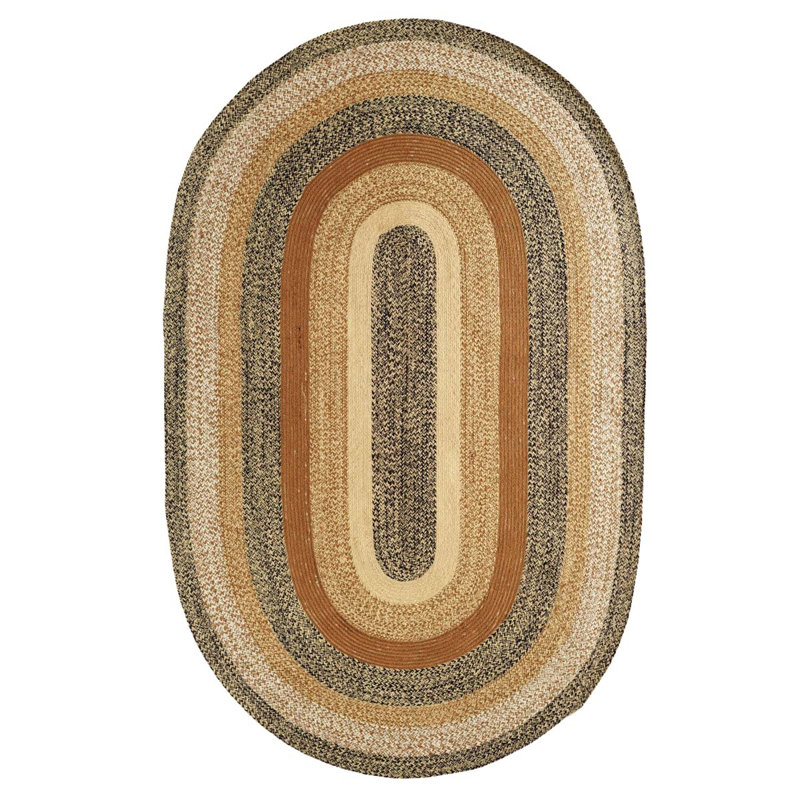 Kettle Grove Jute Geometric Braided Jute Black/Caramel Area Rug, Oval 5' x 8'