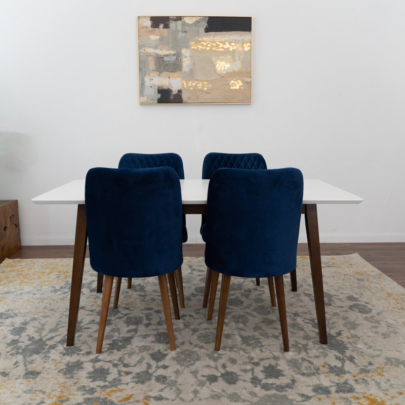 Fredy 4 - Person White Top Solid Wood Dining Set with Velvet Upholstered Chairs, Navy Blue, 29.7" H x 63" L x 35.4" W