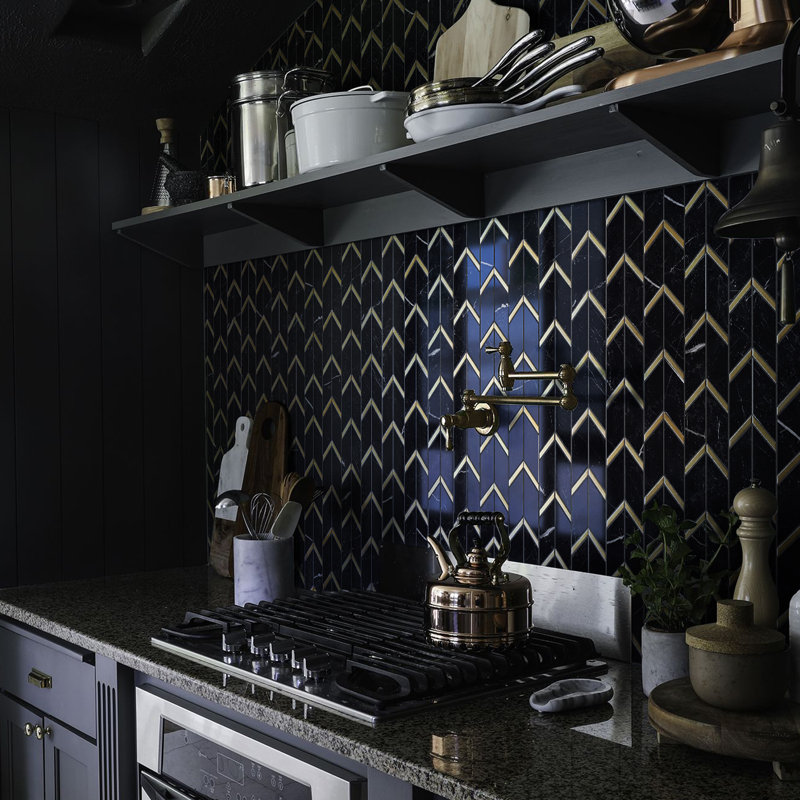 Natural Bianco 1" x 2" Herringbone / Chevron Mosaic Wall Tile, Black/Gold