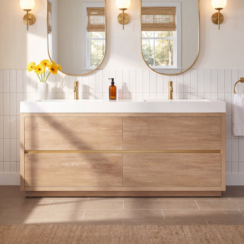 Beira 71.7'' Double Bathroom Vanity with Top, North American Oak, White