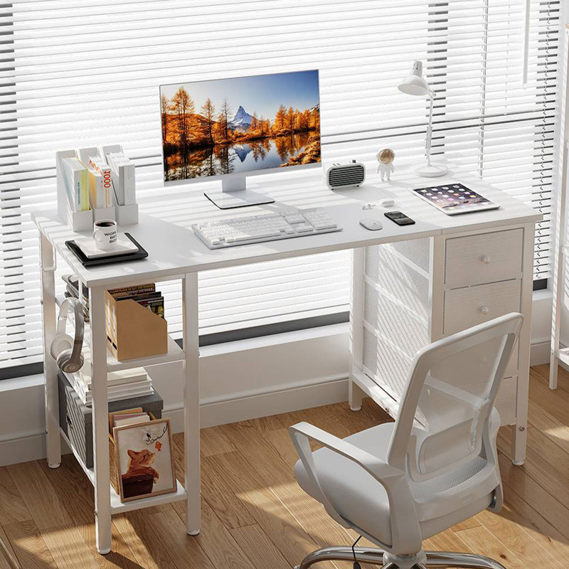 Bureau rectangulaire avec tiroirs et tablettes de rangement, Blanc, H 29,5 po x l 47,2 po x P 19,7 po