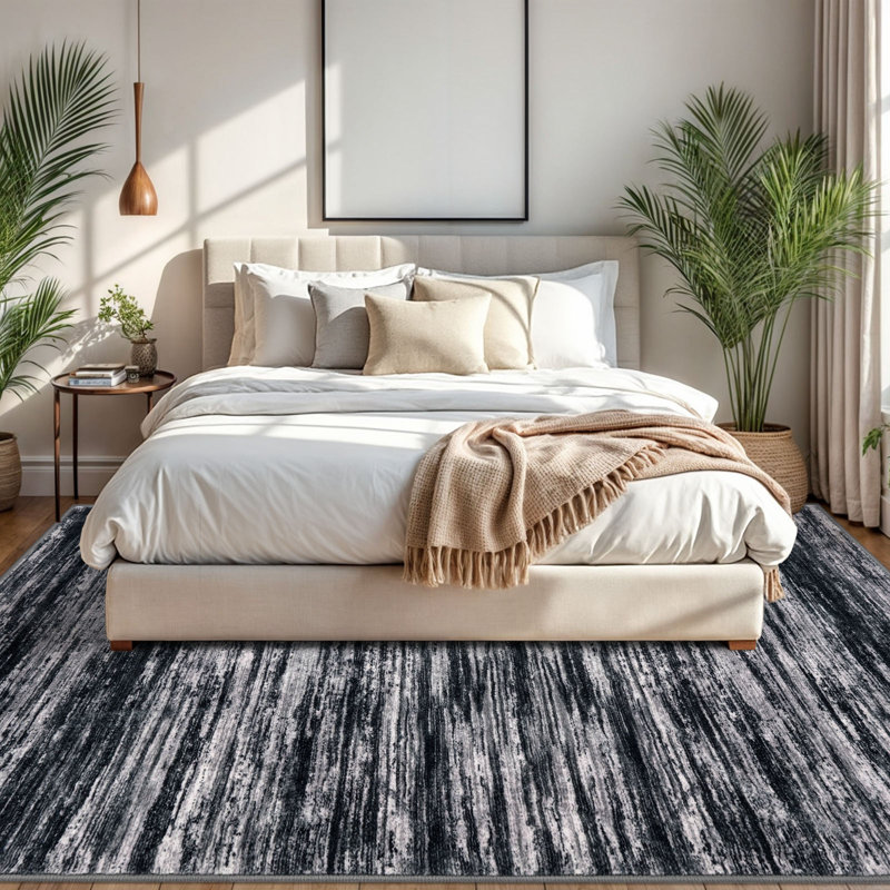 Tapis lavable 8 x 10 moderne pour tapis de salon moderne et abstrait avec envers en caoutchouc , Noir / blanc