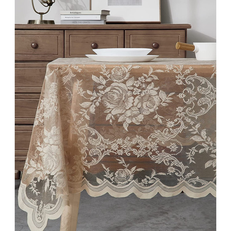 Lace Tablecloth With English Rose Design In 6 Sizes and 5 Colors, Ivory, 120" x 60"