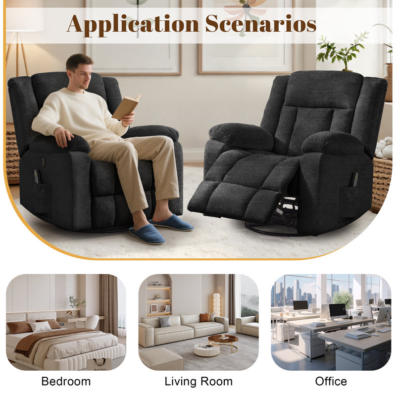 Recliner Chair, 360°Swivel Recliner, Recliners With Heat And Massage, Rocker Recliner For Adults , Side Pocket And USB Ports