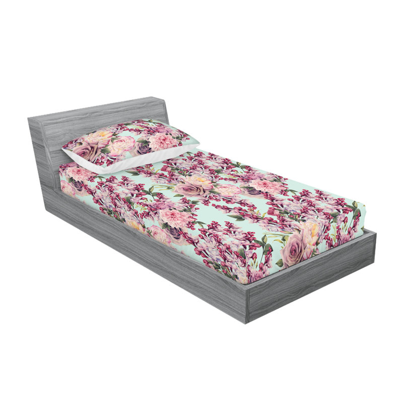 Ambesonne Fitted Sheet & Shams 3 Pcs Spring White Asters Calking Pistachio Green Mustard, Seafoam Lilac/Raspberry Floral