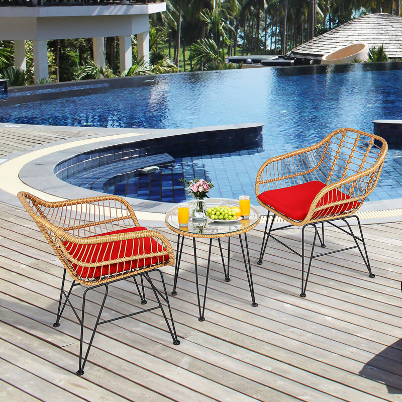 Brookley 2 - Person Wicker Patio Dining Set with Round Table , Cushions Included, Red, Claybank