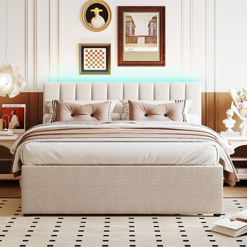 Grand lit plateforme tapissier avec lit gigogne simple TG - molleton beige pour une ambiance de chambre à coucher apaisante